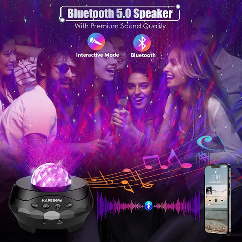 Galaxy Star Projector Light With White Noise Bluetooth Speaker, Alexa And Smart App Control shown at a lively party setting