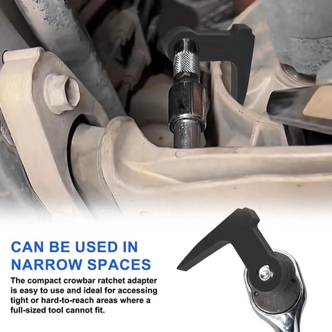 Ninety Degree Bend Pry Bar Wrench Adapter for Three Eighths Inch Drive in use for tight space automotive repair.