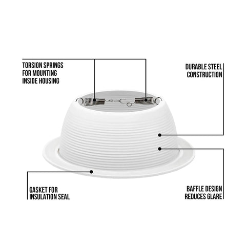 12 Pack 6 Inch Metal Recessed Can Light Trim Cover With Step Baffle Ring In White Fits Most 6 Inch Housings From Halo Elco Juno Nora Elite Commercial Electric And More Trim Only Bulb Not Included showing torsion springs and baffle design.