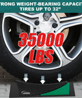 Bulletproof 2 Pack RV Leveling Blocks With Triple Grip Non Slip Base under tire showing 35000 lbs capacity for trailers and vans.