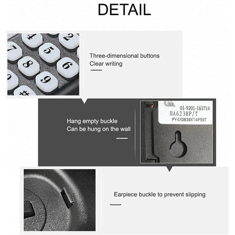 No Fuss Corded Landline Telephone Packed With Gotta Have HD Sound And Jumbo Senior Approved Keys detail of large buttons and earpiece buckle.