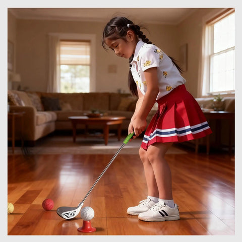 Child playing indoors with Kids Golf Set For Ages 3 To 8 Adjustable Indoor Outdoor Complete Kit With 3 Clubs 2 Holes And Flags 2 Tees 6 Balls