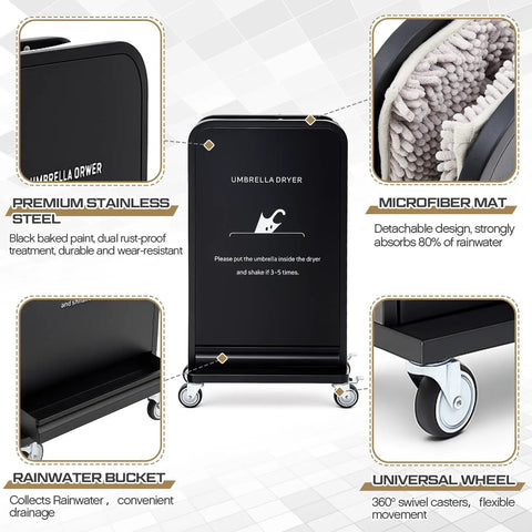 Heavy Duty Commercial Wet Umbrella Dryer With Rust Proof Finish And Removable Water Tray Plus Thick Absorbent Pads on wheels.