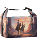 Cowboy Themed Insulated Lunch Bag with huge capacity and grab and go design featuring a sunset cowboy scene on a rugged tote.