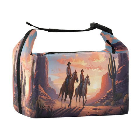 Cowboy Themed Insulated Lunch Bag with huge capacity and grab and go design featuring a sunset cowboy scene on a rugged tote.