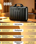 Must-Have Hard Shell Fireproof Document Organizer With Lock, Waterproof Safe Box for A4 Papers, Black, on desk display.