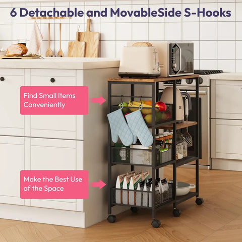 Rolling Kitchen Island Cart On Wheels With Four Tier Shelves And Storage Baskets, Six Removable Hooks, Locking Casters in kitchen