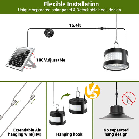 160 LED Outdoor Solar Lights Waterproof No Fuss Hang Pendant With Remote Hook And 16Ft Cable installation diagram