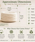Infographic showing dimensions and features of Cotton Twine Roll Three Ply Natural White Go-To Gift Wrapping And Crafts All-Purpose String.