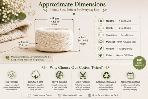 Infographic showing dimensions and features of Cotton Twine Roll Three Ply Natural White Go-To Gift Wrapping And Crafts All-Purpose String.