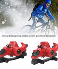 1 Pair Aluminum Alloy Mechanical Disc Brakes For Mountain Road Electric Scooter Cable Puller Kit Serving Up Killer Stopping Power And Dead Simple Bolt On Install In Fiery Red on bike in snow.