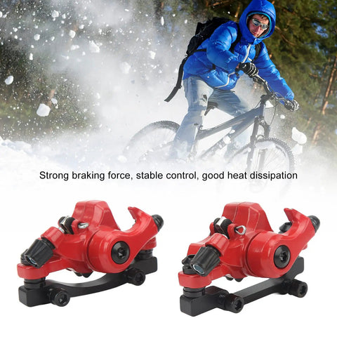 1 Pair Aluminum Alloy Mechanical Disc Brakes For Mountain Road Electric Scooter Cable Puller Kit Serving Up Killer Stopping Power And Dead Simple Bolt On Install In Fiery Red on bike in snow.