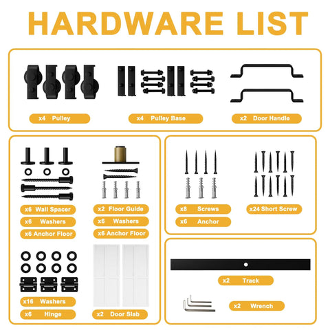 Hardware list for Pre Assembled Solid Core Bifold Barn Door 72 By 84 Inches including pulleys, screws, washers, and track.