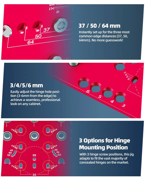 Two In One Cabinet Hardware Jig That Doubles As A Shelf Pin Drilling Guide With All Metal Self Contained Clamps 11 Hole Shelf Guide And Concealed Hinge Template close-up of hinge mounting positions