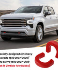 Extended Tow Hook Covers Front Kit For Silverado 1500 2007 To 2026 and GMC Sierra 1500 2007 To 2019 on road with red covers