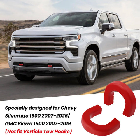 Extended Tow Hook Covers Front Kit For Silverado 1500 2007 To 2026 and GMC Sierra 1500 2007 To 2019 on road with red covers