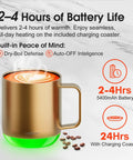 Smart Self Heating Coffee Mug With 12 Oz Capacity And Ai Auto Warm Tech features a gold finish and green base on a marble background.