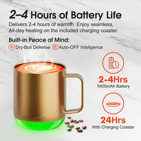 Smart Self Heating Coffee Mug With 12 Oz Capacity And Ai Auto Warm Tech features a gold finish and green base on a marble background.
