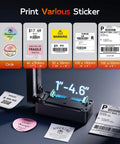 No Fuss Compact Wireless Thermal Label Printer For Quick Shipping And Packing 4X6 Sticker Generator showing various label sizes.