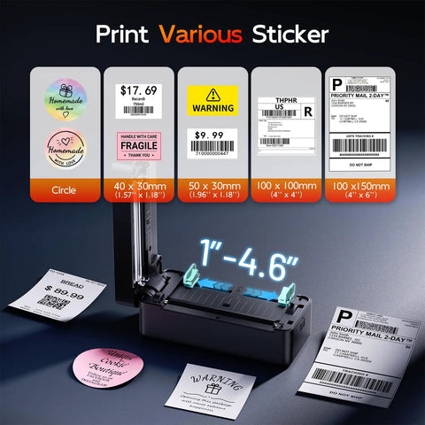 No Fuss Compact Wireless Thermal Label Printer For Quick Shipping And Packing 4X6 Sticker Generator showing various label sizes.