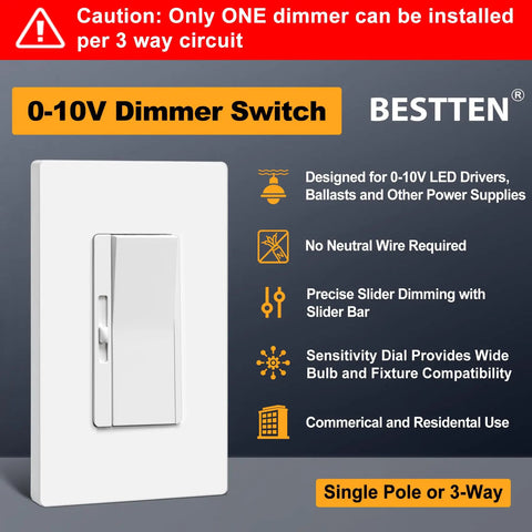 Dead Smooth 0-10V Dimmer Switch For Zero Fuss Single Pole Or Three Way Control Quiet Rocker Action with slider bar.