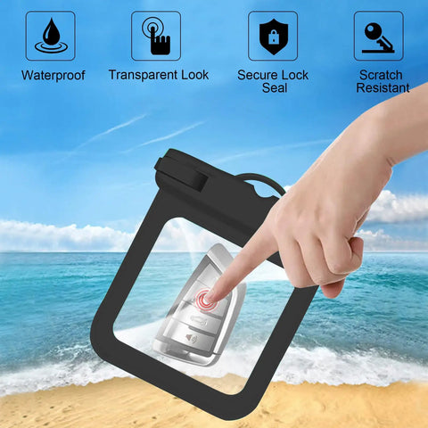 Two Pack Submersible Waterproof Key Fob Case And Small Pouch for car keys showing waterproof protection on a beach background