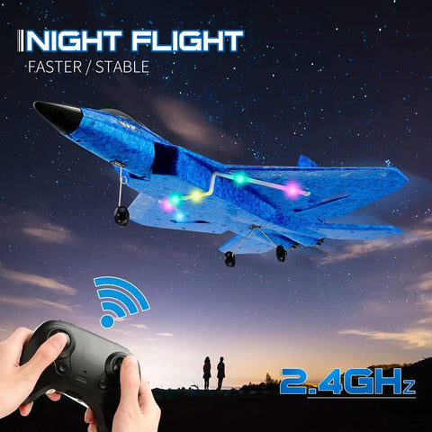 F22 Fighter RC Plane Ready To Fly With Gyro Stabilization, glowing lights during night flight, 2.4GHz controller in hand