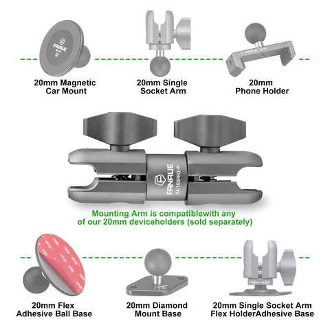 Composite Double Socket Swivel Arm 3.7 Inch Aluminum Mounting Arm Dual 20mm Socket Ends Fits 20mm Attachment Ball For Vehicle GPS Mount Durable For Rugged Use With Lifetime Warranty, gray aluminum 20mm socket arm