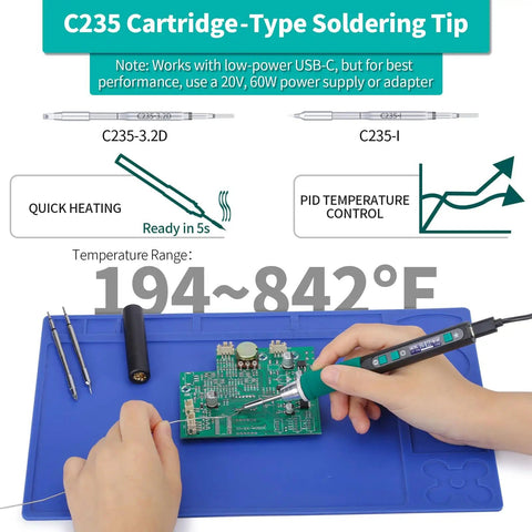 928D IV Pro Grade All In One Soldering Iron Kit With Type C Port Fast Heating C235 Cartridge 194 To 842 F Temperature Adjustable PD QC
