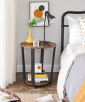 Round Side End Table Featuring Two Tier Storage Shelf No Sweat Assembly Nightstand For Cramped Rooms Super Sleek Bedside Accent Table In Rustic Brown And Ink Black For Living Space Or Bedroom Decor Total Haul with lamp and vase