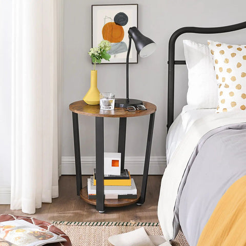 Round Side End Table Featuring Two Tier Storage Shelf No Sweat Assembly Nightstand For Cramped Rooms Super Sleek Bedside Accent Table In Rustic Brown And Ink Black For Living Space Or Bedroom Decor Total Haul with lamp and vase