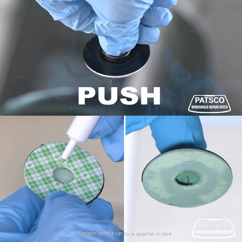Windshield Repair Kit Resin Patch System 2 Pack No Tools Needed No Injector Required Fix Rock Chips And Small Cracks Fast Easy DIY Alternative Made In USA application process with gloved hands.