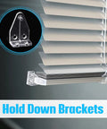 Crystal Clear Window Blind Hold Down Brackets No Sweat Mini Plastic Tension Clips For Roller Shades And Blinds Quick Setup, close-up of clear clips on blinds.