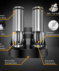 Electric Salt And Pepper Grinder Set USB Rechargeable With External Coarseness Control, Stainless Steel Automatic Mills with LED Light