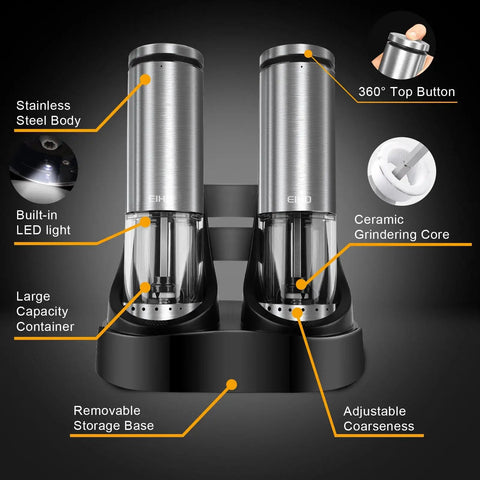 Electric Salt And Pepper Grinder Set USB Rechargeable With External Coarseness Control, Stainless Steel Automatic Mills with LED Light