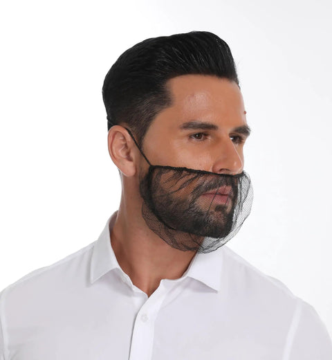 Man wearing Disposable Honeycomb Beard Nets 200 Pack Breathable Food Service Beard Covers 18 Inch Elastic Hair Containment.