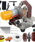 Compact Mini Belt Sander Pack A Punch With Quick Adjust Speed Dial Multifunctional Electric Polisher And Corner Grinder, includes accessories.