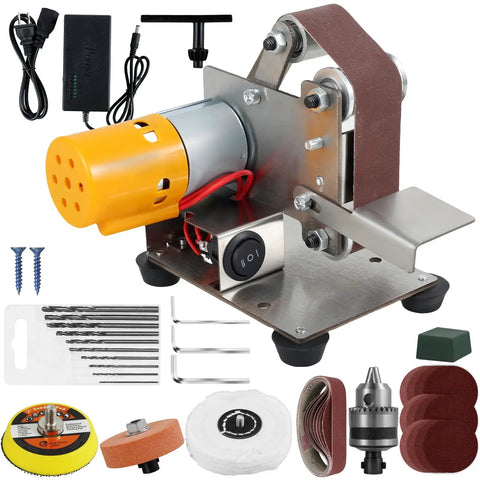 Compact Mini Belt Sander Pack A Punch With Quick Adjust Speed Dial Multifunctional Electric Polisher And Corner Grinder, includes accessories.