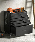 Heavy Duty Rolling Tool Chest With Six Full Extension Drawers And Whisper Quiet Tracks, Easy Glide Wheels Make Tackling Garage Grunt Work A Breeze, Rust Resistant Steel Organizer Built Tough For Real Jobs in a workshop setting.