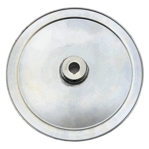 10 Inch Single Groove V Belt Pulley Three Quarter Inch Bore Carbon Steel Zinc Plated Motor Drive Pulley For A B 5L 4L V Belts Beefed Up Industrial Belt Drive System, top view showcasing single groove and bore.