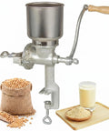 No Sweat Heavy Duty Cast Iron Grain Mill Featuring Wooden Hand Crank And Secure Table Clamp For Grinding Corn Wheat Oats Into Home Pantry Fresh Flour with soybeans.