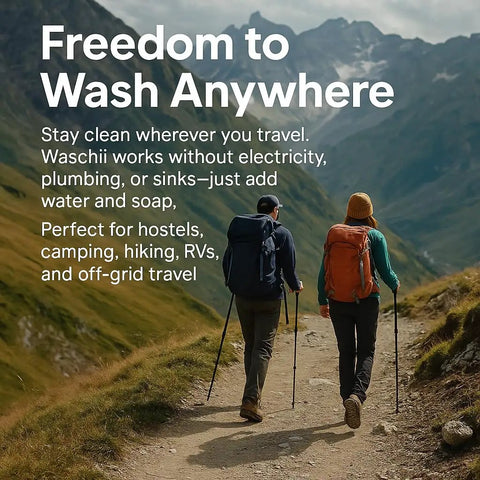 No Sweat Pocket Size Manual Travel Clothes Washer For Camping And Vanlife Lightweight Portable Mini Hand Wash Kit Eco Friendly Essentials Gear Clean Up Pack Light Wash Anywhere hikers walking in nature with backpacks.