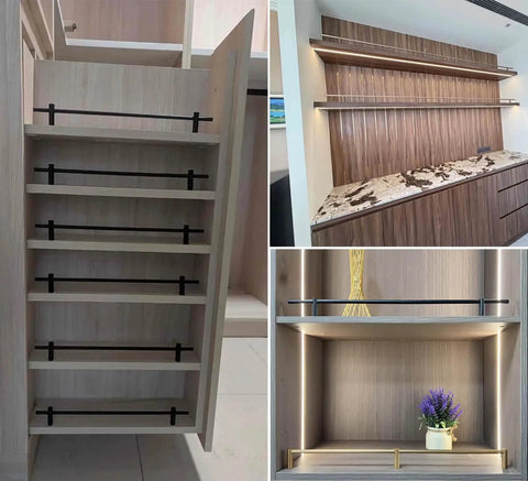 Adjustable Shelf Guard Rail Set for 39-46 inch shelves with bracket spindles showing wooden open shelves and metal rails.