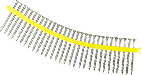 Pro Level Heavy Duty Collated Bugle Head Wood Screws 10 X 3 Inch Square Drive Type 305 Stainless Steel Rust Proof fasteners in yellow collated strip.