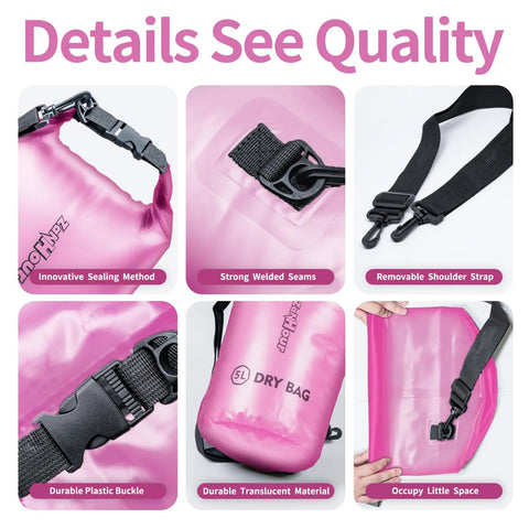 Waterproof Roll Top Dry Bag Set 5L detail showing pink bag, translucent material, removable strap, welded seams, buckle.