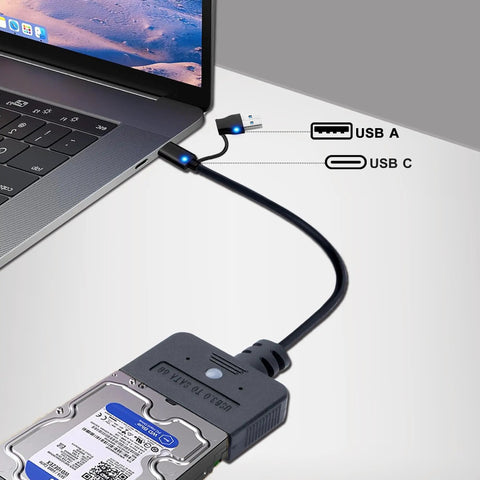 Plug And Play Dual Port USB A And Type C SATA HDD SSD To USB Adapter With 30W Power, UASP 5Gbps High Speed Transfer For Fast Data Recovery, Works With PC Laptop And Mac, Supports 2.5 And 3.5 Inch Drives, 1.6 Foot Cable, USB-A and USB-C adapter to laptop with 3.5-inch HDD