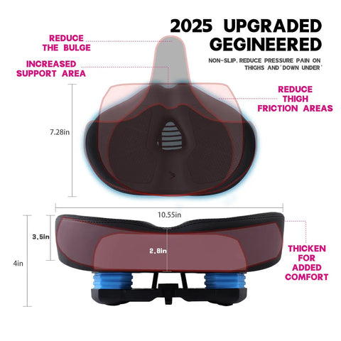 Dimensions and comfort features of the Noseless Bike Seat Cushion With Memory Foam And Ventilation For All Day Comfort