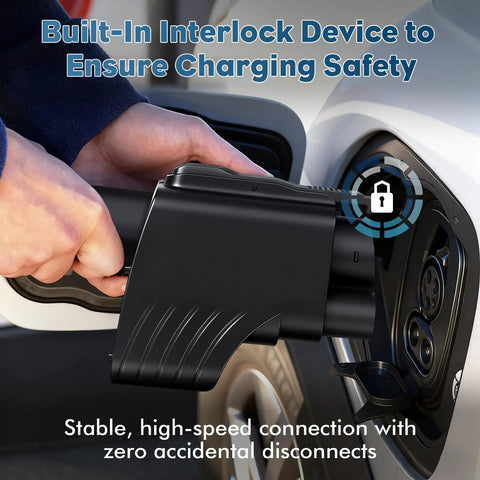 Plug And Go Tesla To Ccs And J1772 Charging Adapter With 250Kw Fast Current Smart Lock Switch connecting to an EV outlet.