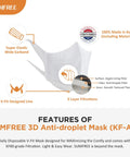 KF-AD 3 Layer Disposable Face Mask Pack Of 50, White, Made In Korea, Comfortable Breathing, Everyday Protection, Medium Size