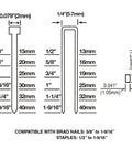 Diagram of brad nails and staples sizes compatible with Smooth Operator Pneumatic 4 In 1 18 Gauge Mini Flooring Nailer And Stapler.